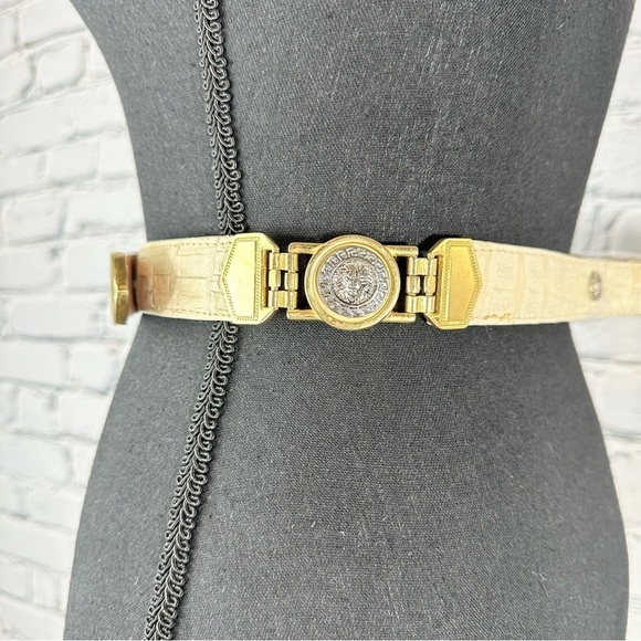 Vintage El General Genuine Caiman Skin Belt Cream Gold Metal Lion Western 40 main image 12